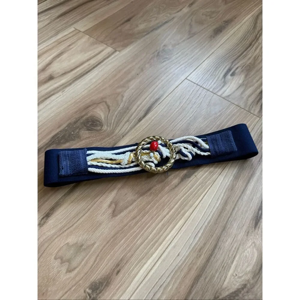 Vintage 80’s Womens Nautical Blue White Braided Gold Tone Buckle Stretch Belt
